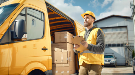 The postman stands confidently by the cargo van, clipboard in hand, ready to ensure timely delivery of cardboard boxes to eager customers