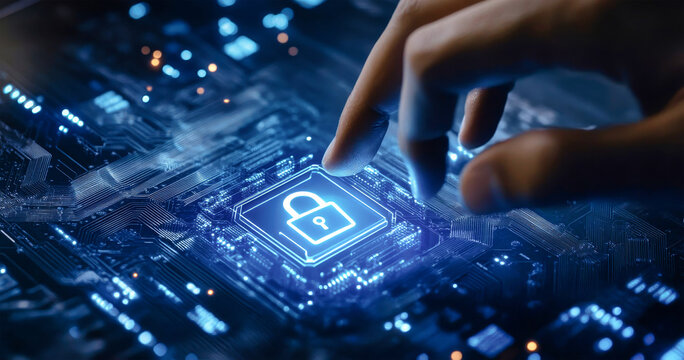 A businessman touches a glowing digital lock icon, illustrating the importance of cybersecurity in protecting sensitive data from cyber threats