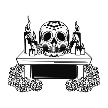 recommend clip art: Hand drawn decorated Mexican sugar skull with marigolds and burning candles on an altar. Linear illustration of Calavera cranium symbolizing Day of the Dead ofrenda. Dia de los Muertos outline art