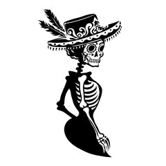 Hand drawn black female skeleton, dressed in traditional Mexican attire isolated on white background. Illustration of la Calavera Catrina in a decorated wide-brimmed hat with feathers. Tattoo design
