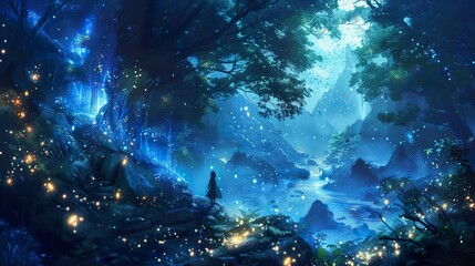 Enchanted Forest Night: Glowing River and Mystical Landscape