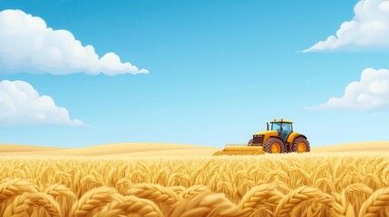 Fototapeta premium Golden fields of crops ready for harvest, with a powerful tractor in the distance, illustration, rustic farming