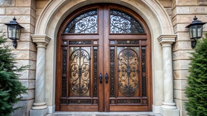 Fototapeta premium Ornate Double Doors with Ironwork and Arched Entryway
