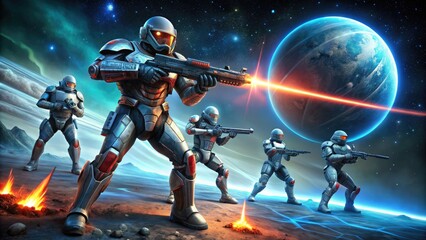 Fototapeta premium Cosmic crusaders clad in futuristic armor, armed with laser guns, stand heroically in a planetary battle scene, defending against an extraterrestrial alien invasion force.