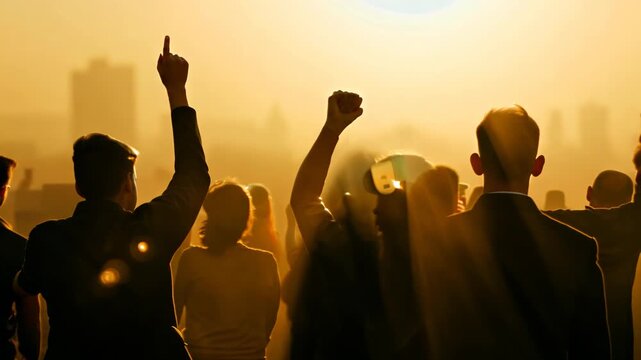 Voices of Change: Fists Raised in Unity Against a Distant City