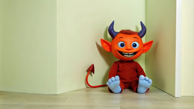 A cheerful red devil with blue eyes and horns sitting on a wooden floor