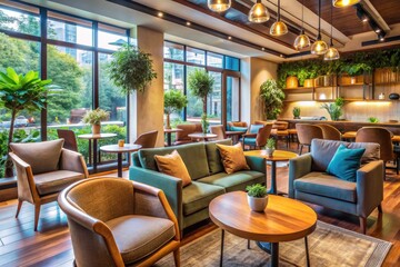 Cozy caf&eacute; seating area with plush upholstered chairs and comfortable ambiance, perfect for relaxation and socializing, fostering a sense of tranquility and community.