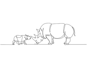 Continuous one line drawing of rhino with baby rhino. Single line drawing illustration of rhino animals. Rhino international day concept line art. Editable outline