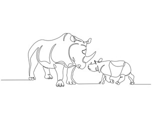 Continuous one line drawing of rhino with baby rhino. Single line drawing illustration of rhino animals. Rhino international day concept line art. Editable outline