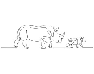 Continuous one line drawing of rhino with baby rhino. Single line drawing illustration of rhino animals. Rhino international day concept line art. Editable outline