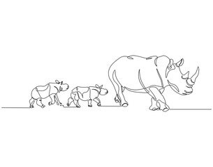 Continuous one line drawing of rhino with baby rhino. Single line drawing illustration of rhino animals. Rhino international day concept line art. Editable outline