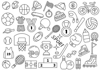 A set of black and white sports items elements vector illustration