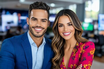 Fototapeta premium Morning news broadcast with cheerful anchors, Monday morning, staying informed