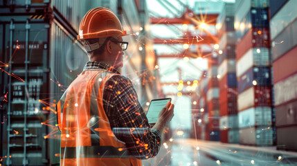 A dock worker in a safety vest actively uses a tablet to manage transportation logistics among shipping containers in a bustling port
