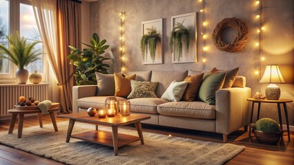 Fototapeta premium Cozy living room ambiance features a plush sofa, soft cushions, and warm lighting, inviting tranquility and comfort in a serene home atmosphere.