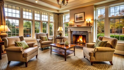 Fototapeta premium Cozy living room in a retirement home, featuring a warm fireplace, plush armchairs, and natural light pouring in through large windows.