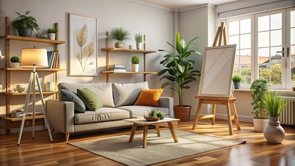 Cozy living room interior with a blank canvas on an easel, surrounded by comfortable furniture and decorative objects, ready for creative expression.