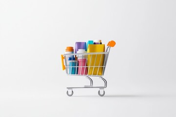 A shopping cart filled with colorful bottles and containers, perfect for showcasing vibrant products in a retail environment.