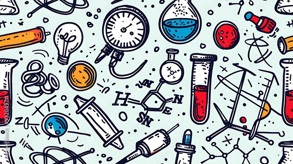 Canvas Prints A seamless pattern filled with doodles of lab equipment, including Bunsen burners, beakers, and microscopes, along with atomic structures and chemical equations, playful and bright colors,