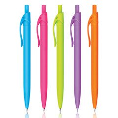 Collection of plastic ball pens in mix bright colors on white background in vertical composition