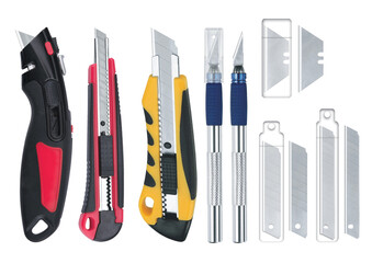 Collection of different scalpels and blades for cutting isolated on white background