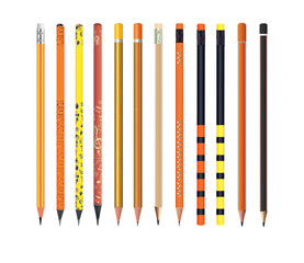 3D illustration of sharp wooden graphite pencils in different colors and shapes on white background
