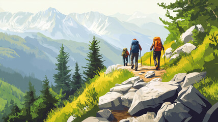 vector illustration, people hiking on a rocky trail in the mountains, summer time. Small group of hikers walking on a mountain trail in the alps. Outdoor activity, good health theme. Sporty vacations.