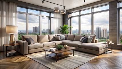 Cozy modern living room with sleek grey walls, comfortable taupe sectional sofa, and large windows flooding the space with natural light and city views.