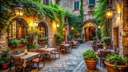 Obraz premium Cozy outdoor seating area of a traditional Italian restaurant, adorned with vintage lanterns and lush greenery, overlooking a charming cobblestone street in Tuscany.