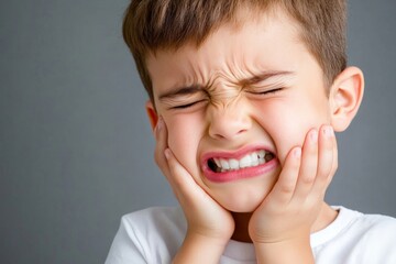 Frustrated Young Boy with a Painful Toothache on Gray Background