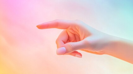A close up of a hand pinching an invisible object, with a soft pastel gradient background