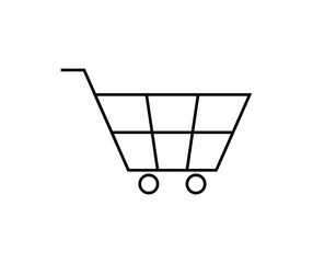 Minimalistic shopping cart icon in black and white, representing online shopping, e-commerce, and retail activities. The design is simple and modern, focusing on the concept of digital transactions.