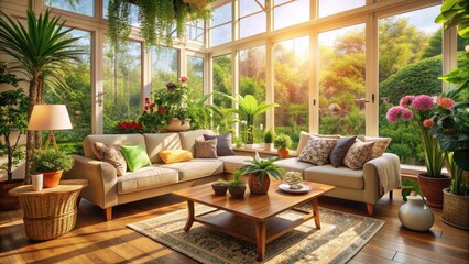 Fototapeta premium Cozy sunroom with lush green plants and blooming flowers surrounding a comfortable sofa and coffee table, bathed in warm natural light filtering through windows.