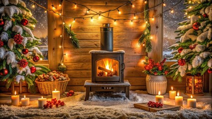 Fototapeta premium Cozy winter scene featuring a crackling wood-burning stove adorned with festive holly and candles, surrounded by snowflakes and twinkling Christmas lights.