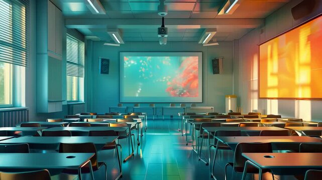 Empty modern scool classroom with a big screen and desks is illuminated by sunlight coming in through the window on the right. Concept of the future and education.