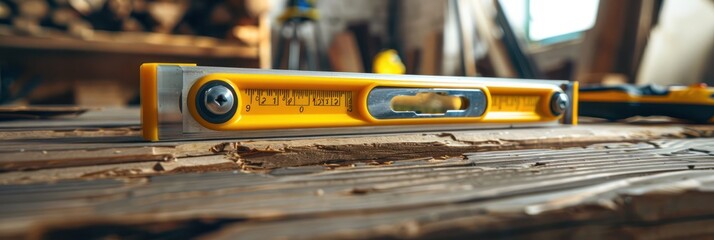 Yellow Level on a Wooden Workbench