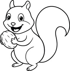 Cute and whimsical squirrel coloring page in black and white, ideal for children's artistic expression.
