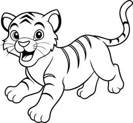 Kids' cute tiger coloring page, featuring an adorable black-and-white graphic tiger.
