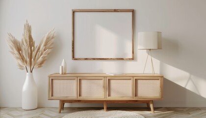 Modern Boho Interior With Wooden Sideboard, Vase of Pampas Grass, and Frame Mockup