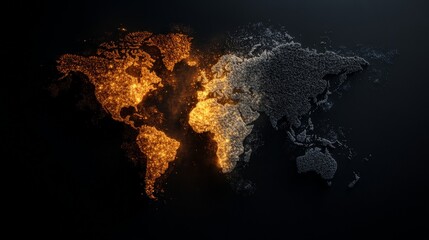 Digital World Map Representation in Fiery Orange and Cool Blue Particles