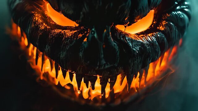 Сlose -up, a terrible face of a monster with a smile. Luminous fire eyes and smoke. Halloween atmosphere. Slow Motion.