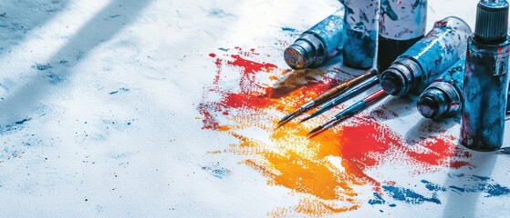 Fototapeta premium Colorful paint splatters with brushes and bottles on a textured surface, capturing the essence of creativity and artistic expression.
