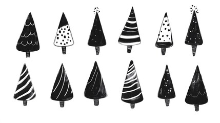 Black Shapes, Cones, Trees, Triangles, on White Background, Abstract Image, Texture, Pattern, Wallpaper, Cover and Screen of Smartphone, Cell Phone, Computer, Laptop, 9:16 and 16:9 Format