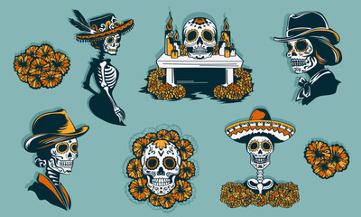 Set of hand drawn Day of the Dead stickers - la Calavera Catrina, skeleton in sombrero, Mexican sugar skulls, altar with candles (ofrenda) and marigold flowers cut out. Dia de los Muertos decoration
