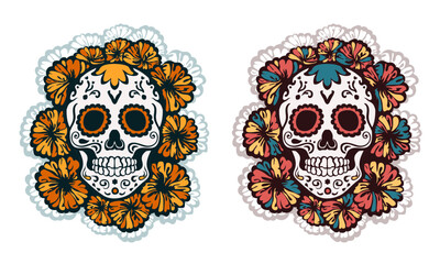 Set of two hand drawn linear decorated sugar skulls (Calavera) surrounded by marigold flowers isolated on white background for Dia de los Muertos (Mexican Day of the Dead)