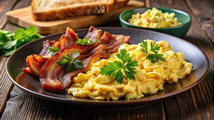 Crispy bacon strips and golden-brown scrambled eggs sit atop a toasted plate, surrounded by fresh parsley and a dollop of creamy butter, morning sunlight gleaming.