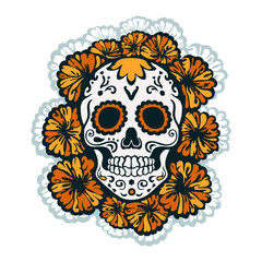 Hand drawn Calavera (sugar skull) with intricate designs and marigold flowers, forming a vibrant and symmetrical pattern that emphasizes connection between life and death in Day of the Dead traditions