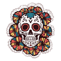 Linear decorated Calavera with intricate designs surrounded by vibrant marigold flowers symbolizing the Day of the Dead's celebration of life and remembrance. Dia de los Muertos sugar skull calaca art