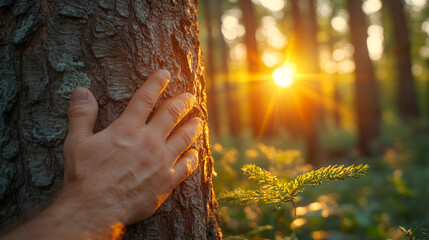 Hands Touching Harmony With Nature at Sunset in a Serene Forest
