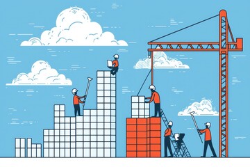 Obraz premium Illustration of construction workers building a site with equipment and a crane against a bright blue sky with clouds.
